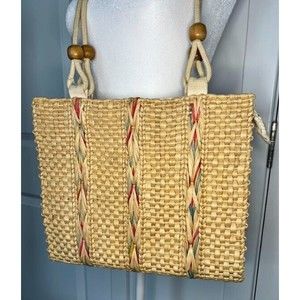 VTG Medium Size Beige Woven Straw Wood Bead Braided Rope Handle Tote Handbag